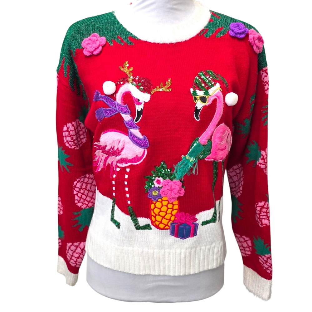 Festive Flamingo Sweater - Red and White
